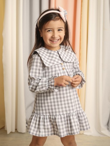 Basmarti Vestido Infantil cuadros vichy gris Cuellos Botones Delantero Volante Bajo Krakatoa 82070 [0]