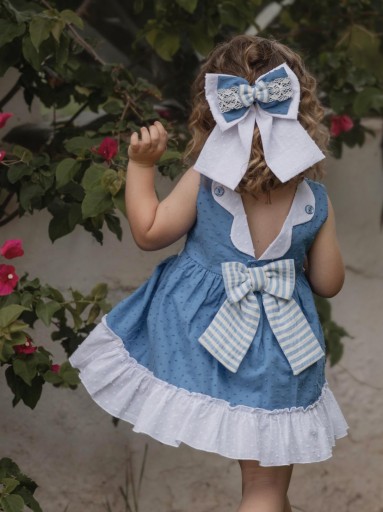 Miranda vestido infantil Plumeti azul Volante y encaje blanco "Crater" 0614/V