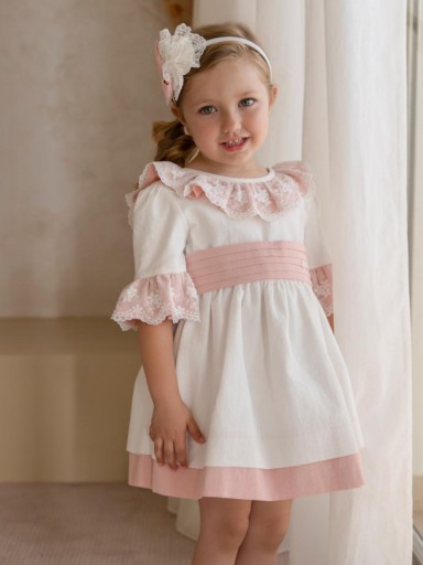 Miranda Vestido Infantil Ceremonia  Blanco Fajin Rosa Volante Puntilla "Gladiolo" 0230/V [1]