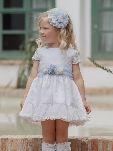 Miranda vestido infantil Plumeti blanco mangas encaje fajin azul "Cassiopeia" 0221/V