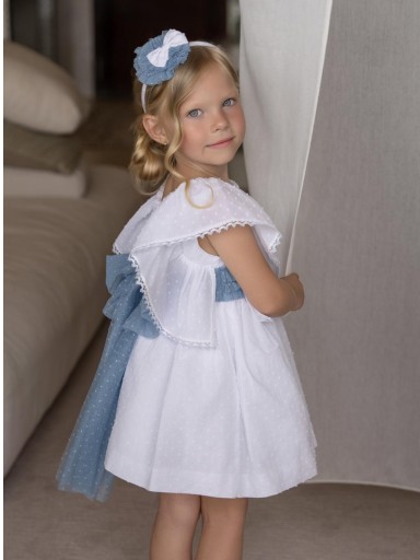 Miranda Vestido Infantil Ceremonia Plumeti Blanco lazada  Azul "Geranio" 0228/V