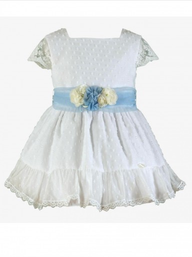 Miranda vestido infantil Plumeti blanco mangas encaje fajin azul "Cassiopeia" 0221/V [1]