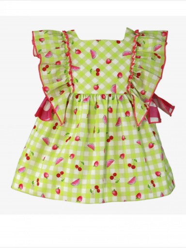 Miranda vestido infantil cuadro verde pistacho estampado frutas fucsia lazadas cuadro fucsia "Quilla" 0602/V [2]