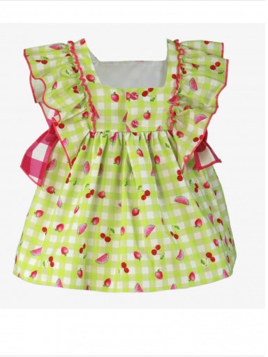 Miranda vestido infantil cuadro verde pistacho estampado frutas fucsia lazadas cuadro fucsia "Quilla" 0602/V [3]