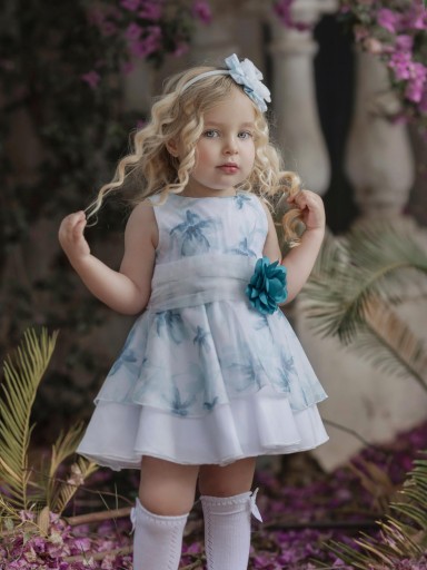 Miranda vestido infantil gasa estampado flores azul verdoso fajin tul roseton verde "Can Mayor" 0248/V