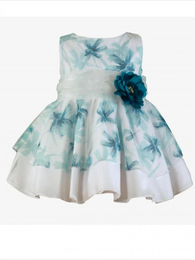 Miranda vestido infantil gasa estampado flores azul verdoso fajin tul roseton verde "Can Mayor" 0248/V [2]