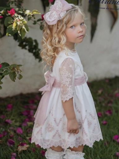 Miranda vestido infantil Beig Cuerpo tul bordado detalles rosa "Andromeda" 0220/V