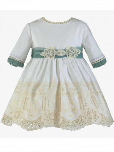 Miranda vestido infantil Plumeti beige encaje fajin tul verde "Vulpecula" 0223/V [3]