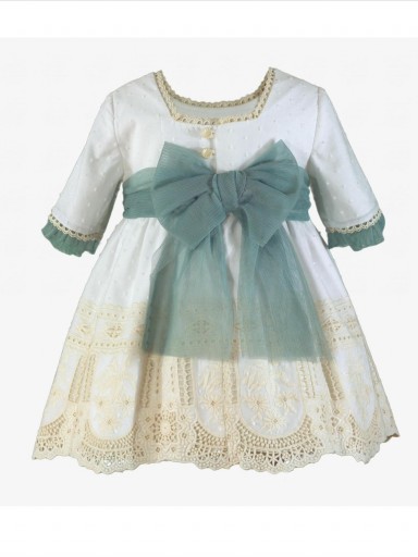 Miranda vestido infantil Plumeti beige encaje fajin tul verde "Vulpecula" 0223/V [2]