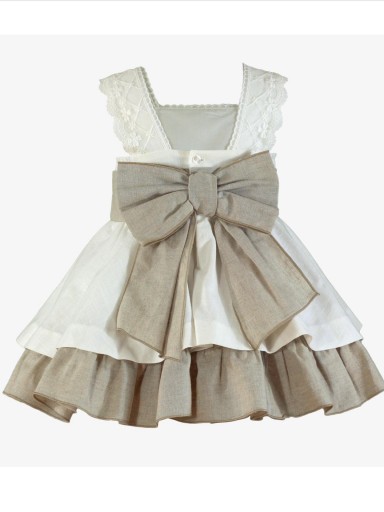 Miranda vestido infantil  blanco volante camel fajin con aplicacion floral "Octante" 0233/V [3]