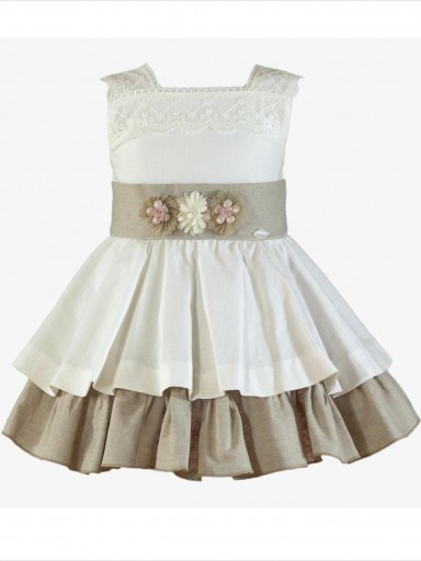 Miranda vestido infantil  blanco volante camel fajin con aplicacion floral "Octante" 0233/V [2]