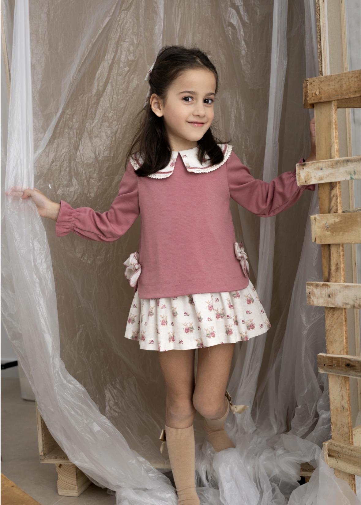 Basmarti Vestido Infantil CombinadoAlgodon rosa Estampado Conejitos Kane 26752