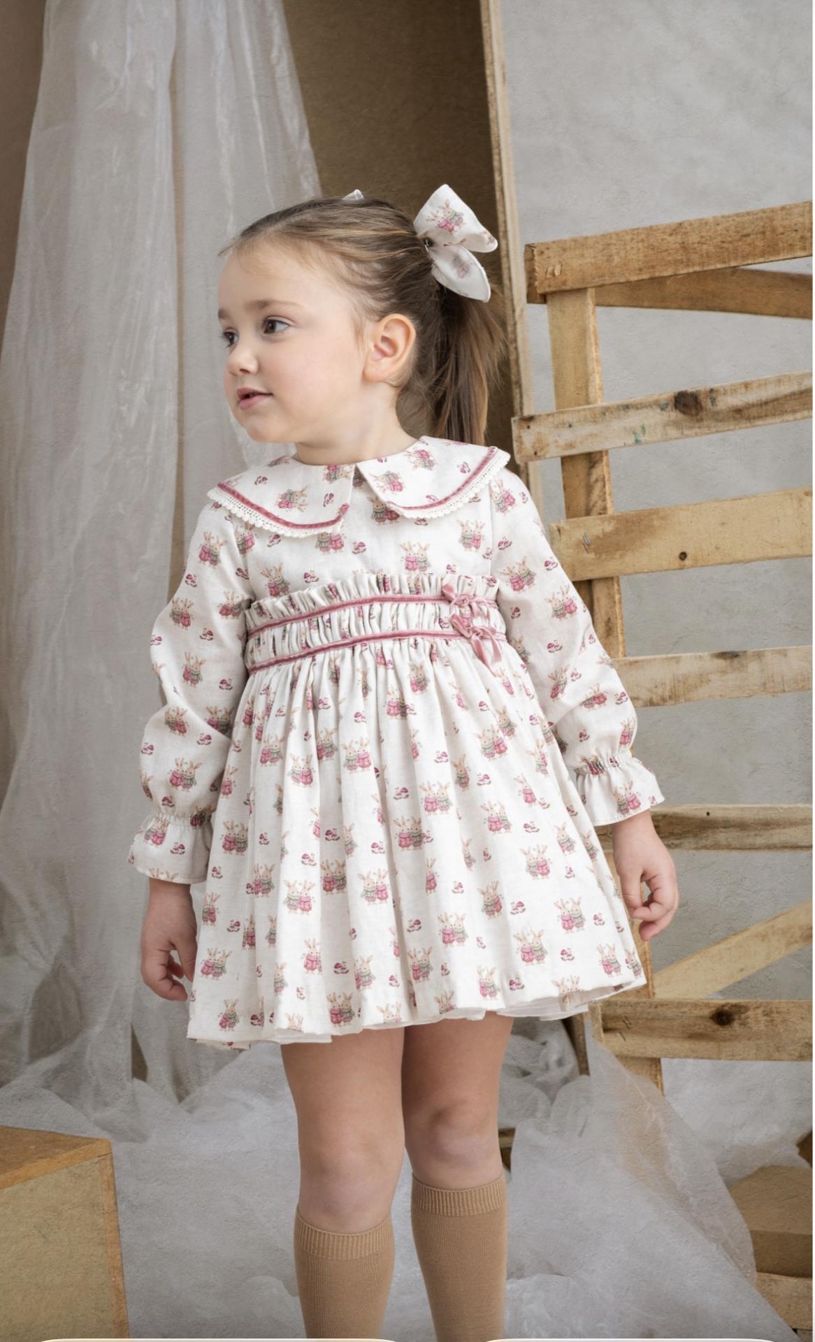 Basmarti Vestido Infantil Vuelo Estampado Conejitos Cintas terciopelo Kane 26750