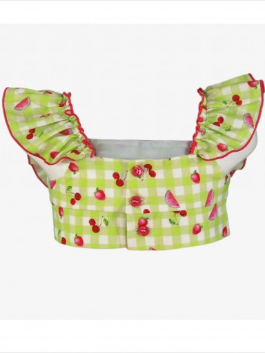 Miranda conjunto infantil top verde pistacho estampado frutas falda cuadro fucsia "Quilla" 0602/23 [4]