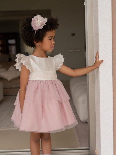 Miranda vestido Infantil Ceremonia Cuerpo encaje Crudo Falda Tul Rosa "Calendula" 0224/V [2]