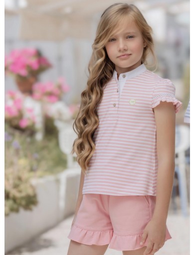 Miranda Conjunto niña polo rayas cuello mao  y pantalón corto rosa 1410/23