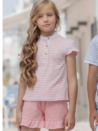Miranda Conjunto niña polo rayas cuello mao  y pantalón corto rosa 1410/23 [1]