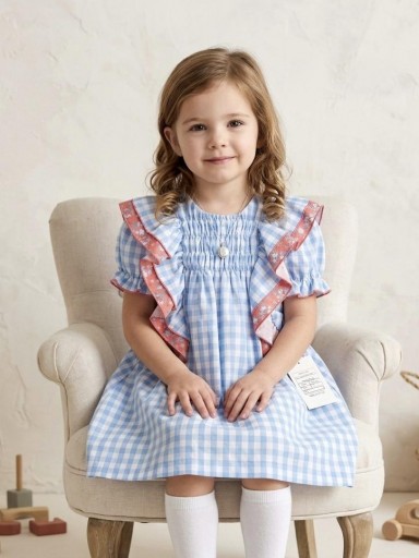 Daniesty Vestido Manga Corta Evase Cuadro Vichy Azul  Volante Flores Rojas Familia Venecia  004