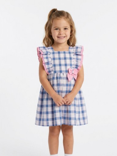 Daniesty Vestido Infantil Vuelo Cuadros Azul y Rosa Serie 002 [0]