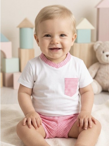 Daniesty Conjunto Niño Pantalon Cuadro Vichy Rosa Camiseta Blanca Bolsillo Cuadro Vichy Serie 007 [0]