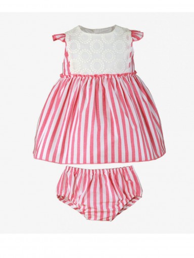 Miranda vestido bebe con braguita ceremonia rayas rosa delantero blanco adamascado "Cirnius" 0144/VB