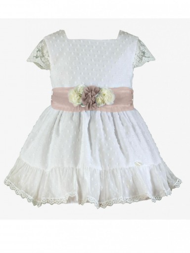 Miranda vestido infantil Ceremonia Plumeti blanco mangas encaje fajin rosa "Cassiopeia" 0221/V [0]