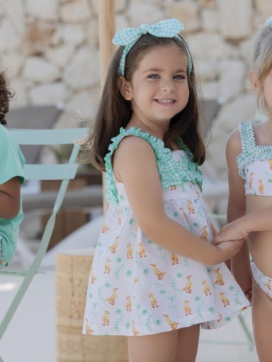 Miranda Vestido Infantil Estampado Patitos Volante Vichy Verde 0404/V