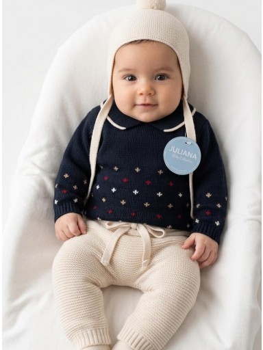 Juliana Vistiendo Bebés Conjunto Jersey, Pantalón y Gorro Punto Estrellas "Cuento" 25562 Marino crema
