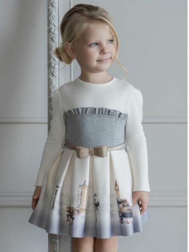 Miranda Vestido Ceremonia Infantil  Degradado Gris Estampado Londres Cinturón Lazada "Haven" 0236/V