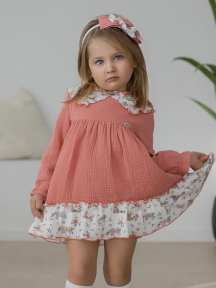 Miranda Vestido Infantil  Salmon Detalles Estampado Mapaches "Audrey" 0603/V