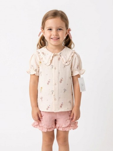 Daniesty Conjunto Infantil Short Rosa Blusa Crudo Estampada Robots Familia Marte 005 [0]