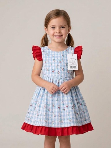 Daniesty Vestido Infantil Vuelo Estampado Cuadro Vichy Azul y Flores Volantes Rojos Familia Alicia 002 [0]