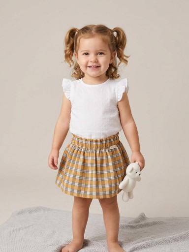 Daniesty Conjunto Falda Cuadros Marron Blusa Plumeti Sin Mangas Blanca  Familia Celine 006 [0]