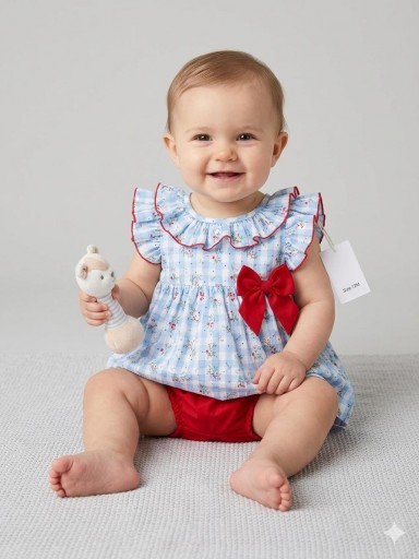 Daniesty Jesusito Bebe Braguita Roja Vestido Estampado Cuadro Vichy Azul y Flores lazada Roja Familia Alicia 001 [0]
