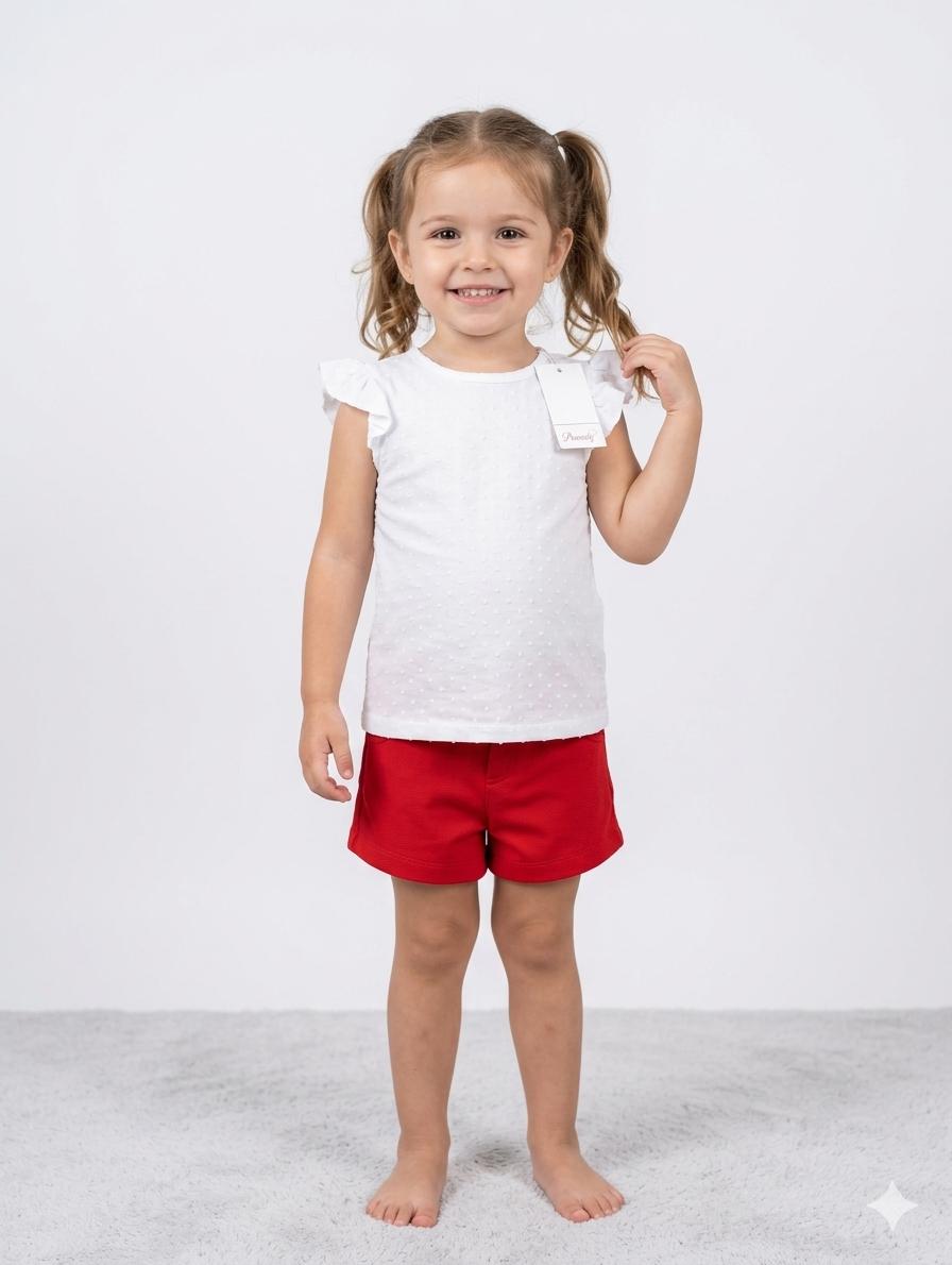 Daniesty Conjunto Niña Short Rojo Blusa sin mangas Plumeti Blanco Familia Clara 006