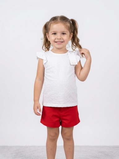 Daniesty Conjunto Niña Short Rojo Blusa sin mangas Plumeti Blanco Familia Clara 006