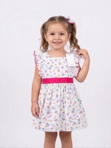 Daniesty Vestido Infantil Estampado Motivos Playa Cinturilla Fucsia Familia Alegria 002 [0]
