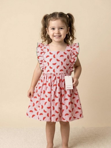 Daniesty Vestido Infantil Vuelo Estampado rayas Rojas y Sandias Familia Abigail 002 [0]