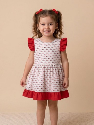 Daniesty Vestido Infantil Vuelo Estampado Perros Salchicha Volante Rojo Familia Coco 002 [0]