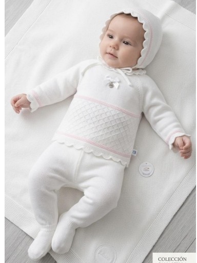 Juliana Vistiendo Bebés Conjunto  Jersey, Polaina y Gorro Rombos Vastas "Lienzo" 25542 Blanco/Rosa