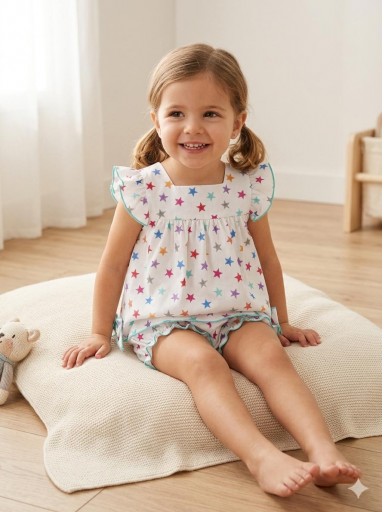 Daniesty Conjunto Bebe Braguita Volantes Blanco Estampado Estrellas de Colores  Familia Berlin 010 [0]