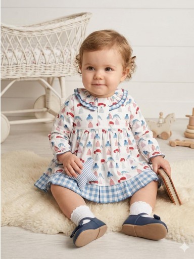 Daniesty Jesusito Bebe Vestido Estampado Muñecos Volante Cuello Braga Cuadros Familia Pepona 001