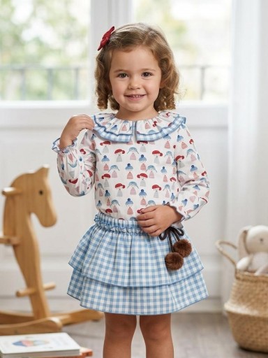 Daniesty Conjunto Infantil Camisa Estampado Muñecos Volante Cuello Falda Braga Cuadros Familia Pepona 014 [0]