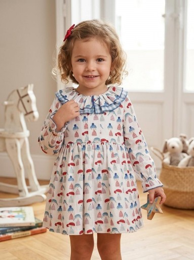 Daniesty Vestido Infantil Vuelo Estampado Muñecos Volante Cuello Cuadros Familia Pepona 002 [0]
