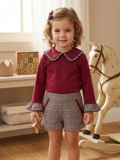 Daniesty Conjunto Blusa Punto Granate Detalles Cuadros  Short Cuadros  Familia Julieta 005 [0]