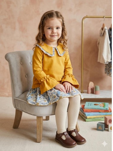 Daniesty Conjunto Sudadera Mostaza Falda Braguita  Estampado flores Azul Familia Anai 014 [0]