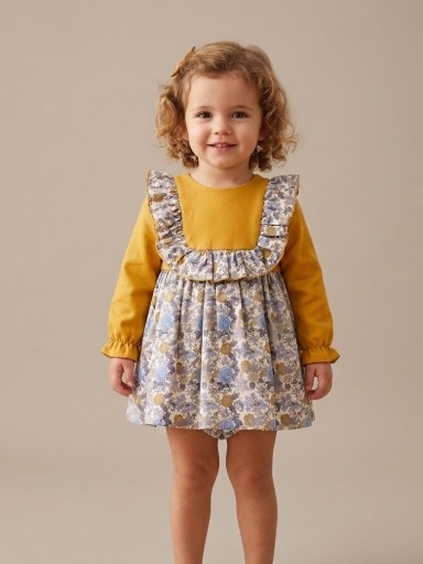 Daniesty Jesusito Bebe Braguita y Vestido Estampado flores Azul Mangas Punto Mostaza Familia Anai 001 [0]