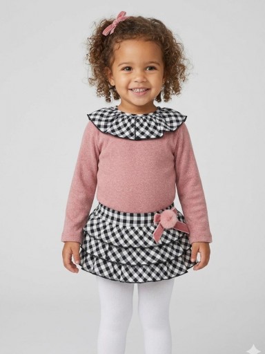 Daniesty Conjunto Jersey Rosa Volante Cuello Pololo Cuadros Pompon Rosa Familia Isabela 015