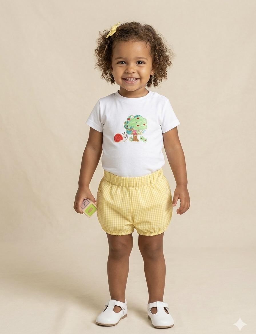 Daniesty Conjunto Bebe Niño Pantalon Cuadro Vichy Amarillo Camiseta Blanca Bordado Familia Hawaii 001