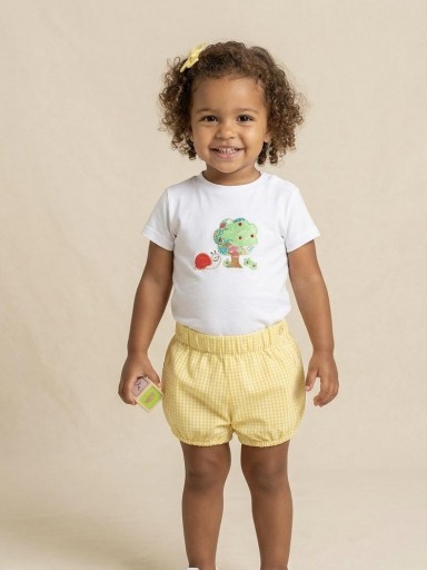 Daniesty Conjunto Bebe Niño  Pantalon Cuadro Vichy Amarillo Camiseta Blanca Bordado Familia Hawaii 001 [0]